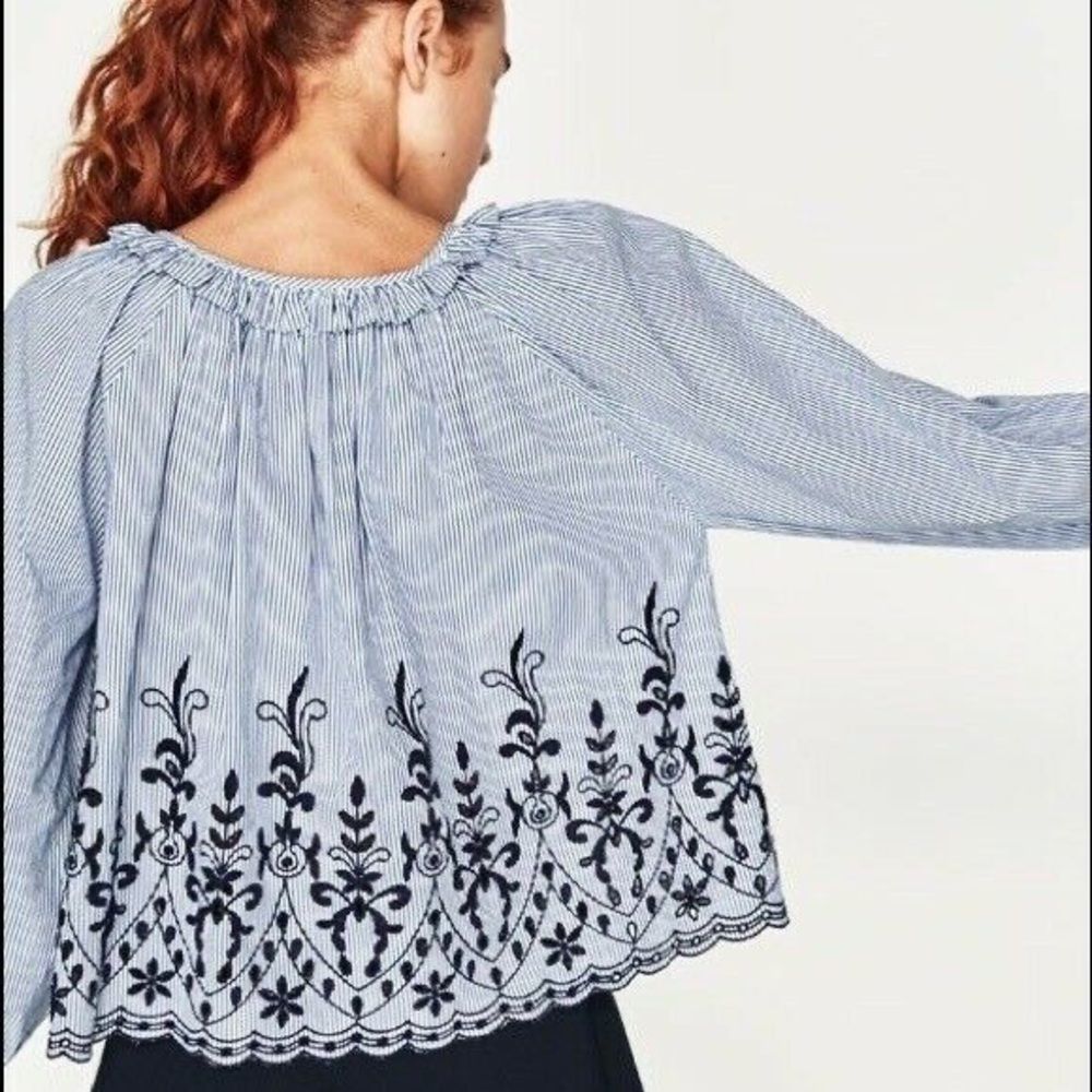 Zara Trafaluc Blue Striped Eyelet Embroidered Tie Sleeve Top Blouse Size M Boho - Picture 3 of 5